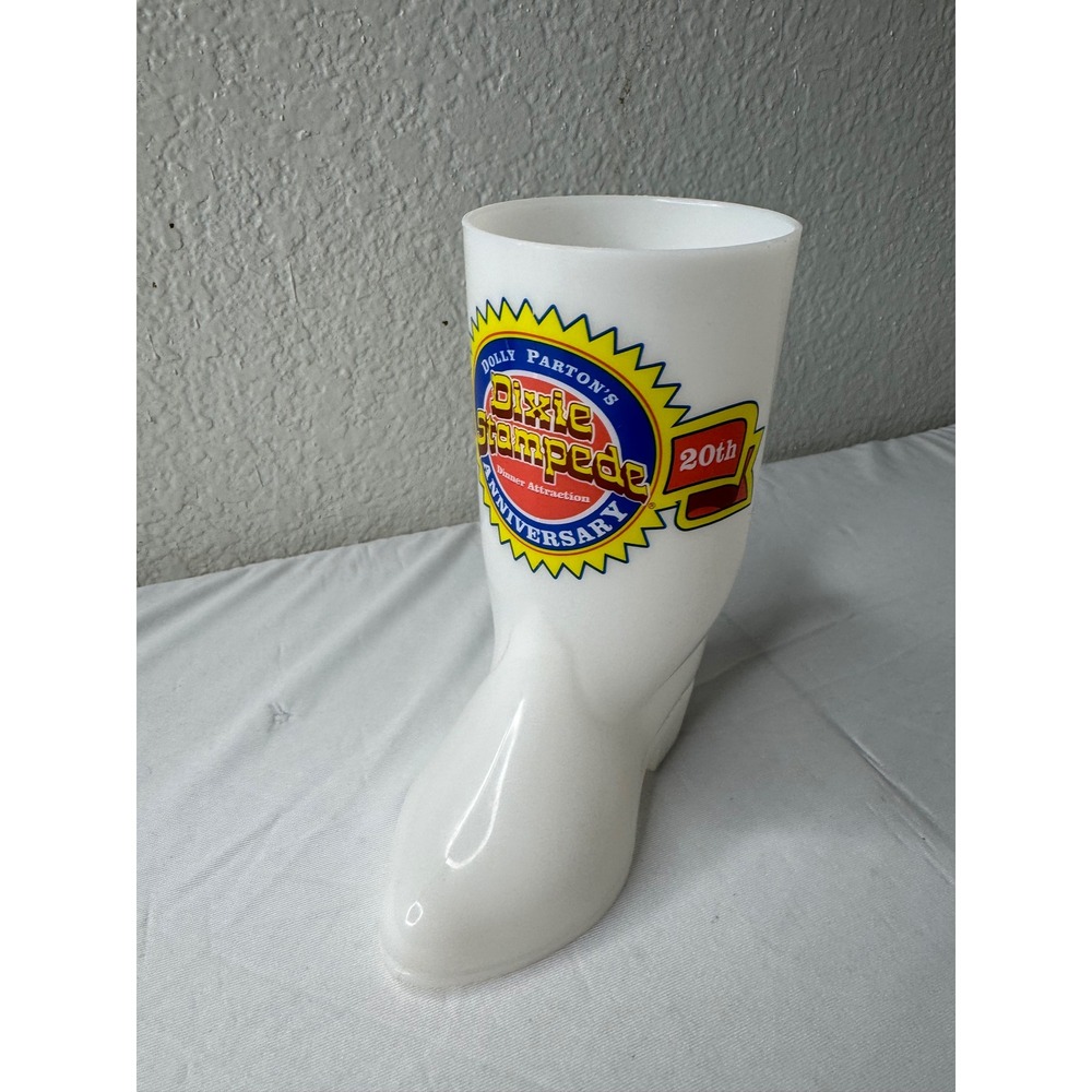 Dolly Partons Dixie Stampede 20th Anniversary White Plastic Cowboy Boot Mug